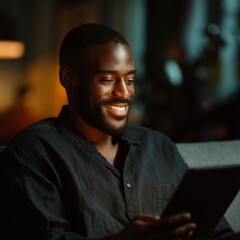 Fototapeta premium A content man engrossed in his tablet, his face aglow with a serene smile. The scene suggests relaxation and focus.
