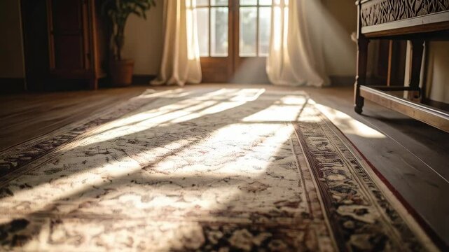 Light beams fall into a rustic living room with oriental carpet, hardwood floor, wooden furniture, and white curtains near a french door.