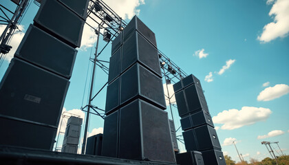 Obraz premium Stacked audio speakers, subwoofers stage live music event. Powerful sound system setup, high-quality audio equipment for performance. Concert sound reinforcement, pro entertainment technology.