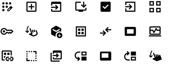 Black vector icons for mobile apps with white background and borders, tech-style buttons and arrows, simple geometric shapes, flat solid black fill, 20 icons in 5x3 grid layout.