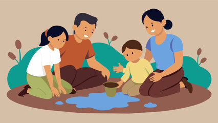 A family of four sitting around a small puddle scooping up the muddy water with their hands to drink.. Vector illustration