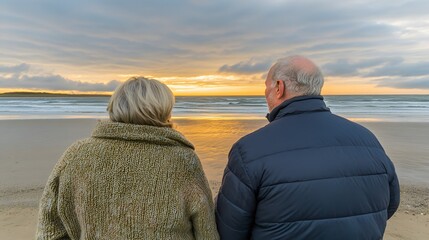 Couple watching the sunset on a sandy beach.