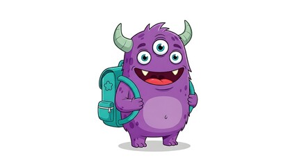 Obraz premium Purple cartoon monster with three eyes and a school backpack. Cute and playful child-friendly character on white background