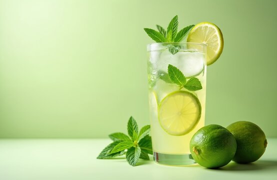 Refreshing summer lemonade with lime mint, ice. Cocktail in transparent glass on pastel green background. Fresh drink with lemon slices, mojito mix with copy space for menu, cafe, bar.