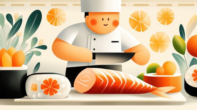 Japanese chef skillfully slices fresh salmon for delicious sushi rolls in vibrant kitchen setting