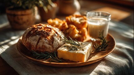 Rustic artisanal bread and cheese platter with rosemary and sunlight