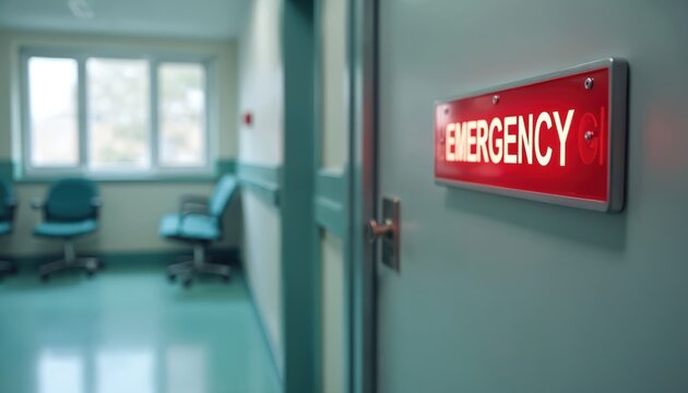 Illuminated emergency sign indicates access to urgent medical care. Red glowing light on hospital door. Healthcare facility service. Medical help, first aid, trauma, surgery, ambulance.