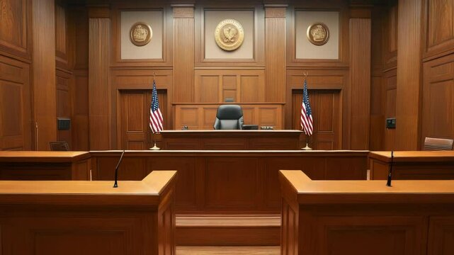 A detailed view of a courtroom featuring wooden benches and a central judge's chair