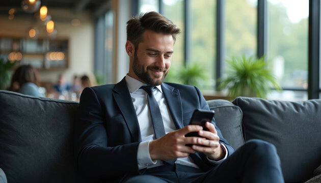Handsome businessman relaxing on sofa, browsing smartphone. Man in suit smiles. Using mobile phone for communication at office. Digital tech at work or leisure. Corporate lifestyle.
