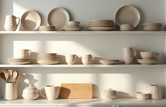 Ceramic plates crockery displayed white shelves. Minimalist tableware set includes bowls plates cups jugs. Kitchenware arranged for dining, food serving, home decor design. Sunlight casts shadows,