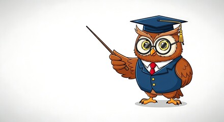 Cartoon owl teacher with glasses and pointer wing, teaching. Educational animal character in a classroom style on white background.