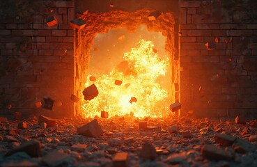 Powerful explosion tears through brick wall with fiery debris and destruction. Fiery blast impact damages building. War or disaster concept with fire blast at structural failure.