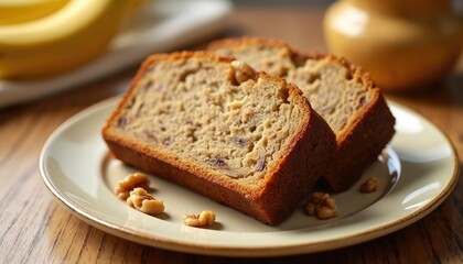 Freshly baked banana walnut bread slices on plate. Tasty dessert or breakfast cake with nuts, soft crumb texture. Homemade cooking, ideal for recipes and culinary projects. Rustic design.