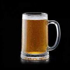 Cold beer in a frosty glass mug with bubbles on black background for International Beer Day celebration
