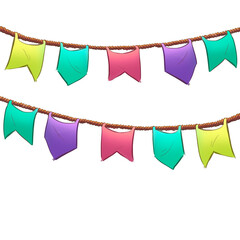 Fileira de bandeirinhas coloridas para festa de São João. Bandeira de quadrilha amarradas numa corda