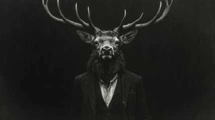 Gordijnen Sophisticated stag anthropomorphism in grayscale with classic clothing design © lipur