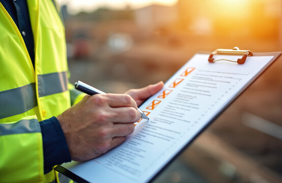 Construction worker wearing safety vest reviews checklist on construction site. Construction engineer inspects project. Safety gear, project management, quality control. Reviewing compliance during