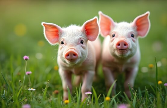 Two adorable piglets stand on green grass meadow. Small pigs pose for camera, family farm day. Cute pink pigs in farm field. Concept of agriculture, domestic animals, food production.