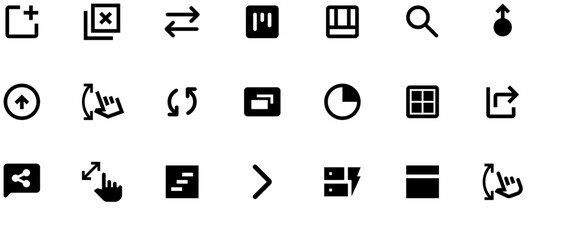 Black vector icon set on white background: 20 icons in 5x6 grid including up/down arrows, pixel scaling, zooming document, play button, and AI chatbot symbols