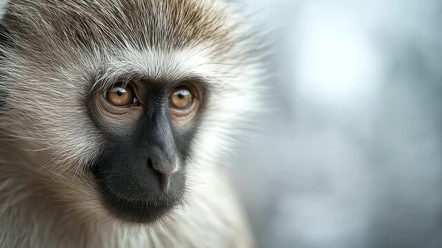 Close-up of a vervet monkey's expressive face and curious eyes