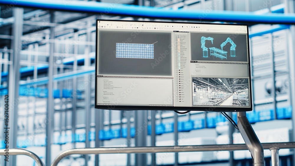 Poster monitor in industry 4.0 smart industrial plant equipped with advanced sensors, embedded software and