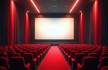 Fototapeta premium Empty cinema with red carpet, comfortable chairs, blank screen. Ready for movie premiere, film festival, presentation. Theater hall interior with stage for show presentation. Business meeting, event.