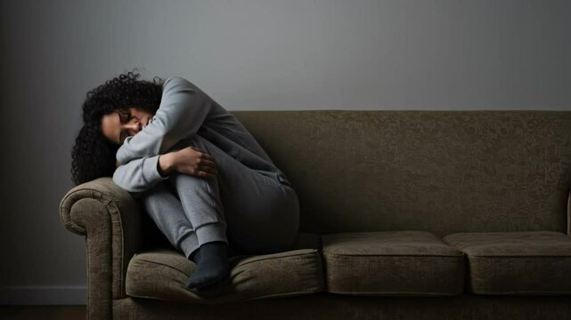 A sad depressed woman with dark curly hair sitting curled up on a sofa. Social problem of loneliness and mental health.