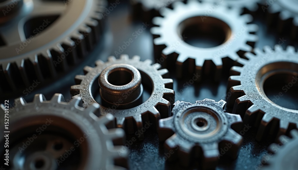Poster close-up shot of interlocking metallic gears on dark surface. mechanical precision is demonstrated b
