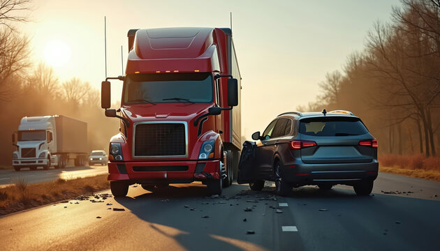 Truck collided car on highway at sunset. Heavy truck crash damages car. Traffic accident. Collision involves vehicle. Incident results vehicle damage. Insurance claim. Automobile wreck. Transport.