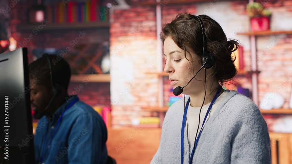 Poster call center agent helping customers regain access to accounts, resetting passwords. employee in cust