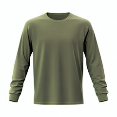 Plain green,army, long sleeve casual t-shirt 3D mockup with a subtle rubbed hand texture, perfect for showcasing apparel designs on white background