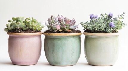 Fototapeta premium Three potted succulents in pastel pots on white background.