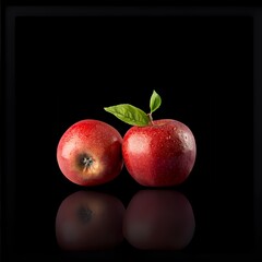 Two Red Apples with Reflections on a Black Surface