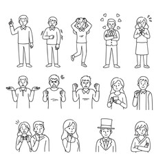 A set of line drawings depicting diverse emotions and expressions in human figures. The illustrations show a variety of poses, gestures, and clothing styles.