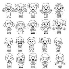A collection of black and white cartoon kids expressing various emotions. They are standing and making gestures with their hands to convey feelings.