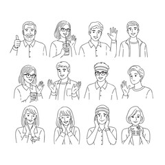 Line art of diverse people. Individuals are waving, holding beverages, or giving thumbs up. Smiling faces.