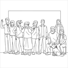 A line art image of a group of people exhibiting different emotions near a blank whiteboard, with a dog and people seated to the right.