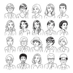 A collection of diverse line-art portraits of people with thoughtful expressions. Mostly head and shoulder shots in a variety of ages and styles.