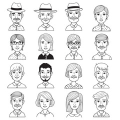 An array of 16 different cartoon faces, line art style. Includes men and women, with various hairstyles, hats, and facial hair. Simple outlines.