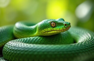 Fototapeta premium Close-up green snake, exotic reptile. Emerald scales, striking eye with vertical pupil. Wildlife, natural habitat. Python, viper, mamba concept. Forest backdrop blurred. Perfect for animal, nature