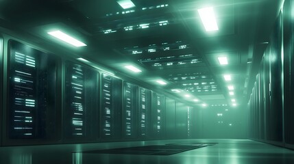 Futuristic server room interior with glowing panels.