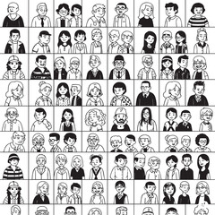 A grid of many cartoon portraits of diverse people. The style is simple, black and white line art. Faces show various ages, genders, and ethnicities.