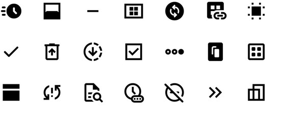 Black and white vector icon set for mobile apps, featuring borders, symbols, chat bubbles, balance arrows, user avatar, and customizable settings elements