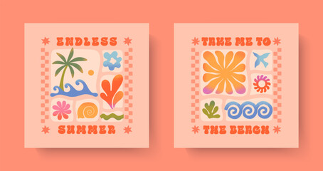Summer illustrations with sea ocean waves,coral,palm,sun.Groovy boho beach,surf club retro aesthetic.Summer vacation backgrounds in simple funny style.Graphic prints for shirts,banners,covers,branding