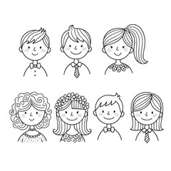 Cartoon portraits of 7 kids with simple outlines. Variety of hairstyles & outfits. Smiling faces. Black and white.