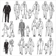 Line art illustration showing various people walking, including families, couples, and individuals, in a simple, elegant style.