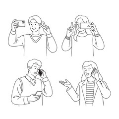 Outline illustration of two people taking selfies and two people talking on their phones. Simple line art showcasing communication via technology.
