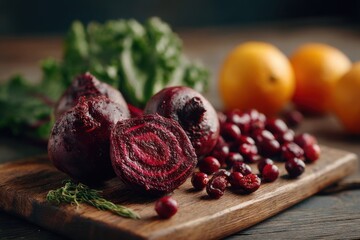 Fresh red beets, sliced to reveal their spiral interior, accompanied by cranberries and bright yellow lemons, are artfully displayed on a cutting board in a cozy kitchen atmosphere.
