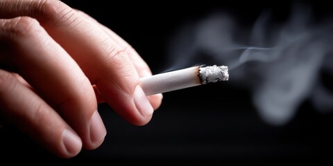 A hand grips a lit cigarette, emitting wisps of smoke that curl into the air.