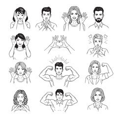 Line art collage of diverse people making hand gestures: covering ears, silence, open hands, heart shape, showing strength. Black outlines, white background.